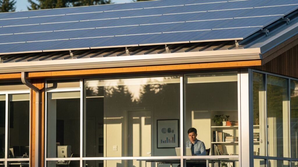 a business with solar panels on the roof