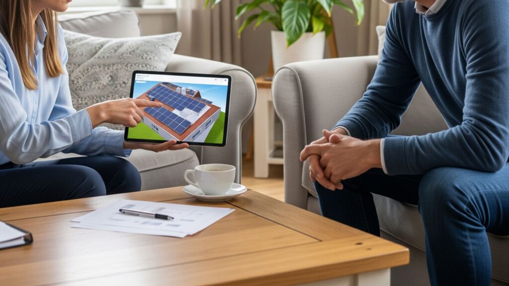 consultant explaining a solar quote in the living room