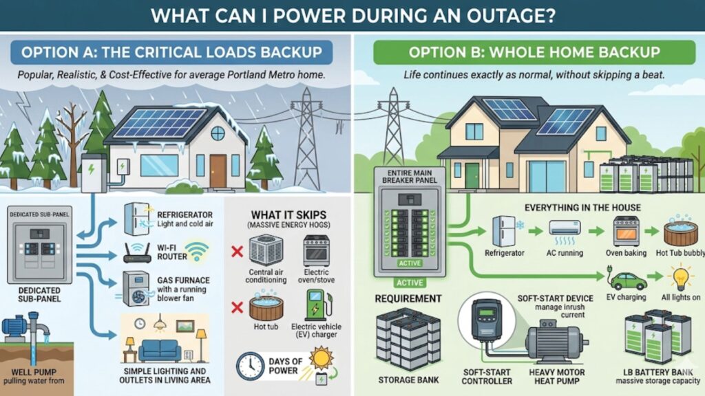 An infographic comparing Critical Loads Backup (Option A) and Whole Home Backup (Option B) for powering a home during an outage. Option A powers essentials like refrigerators, Wi-Fi, and lighting,
