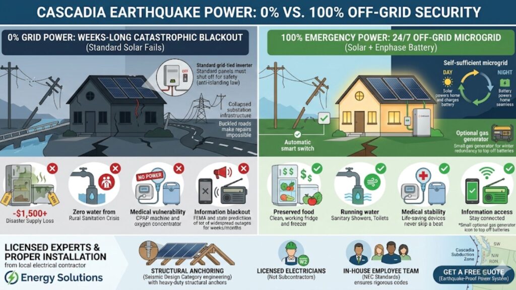 Infographic comparing 0% grid power during a catastrophic blackout with 100% off-grid microgrid security using solar and battery power.